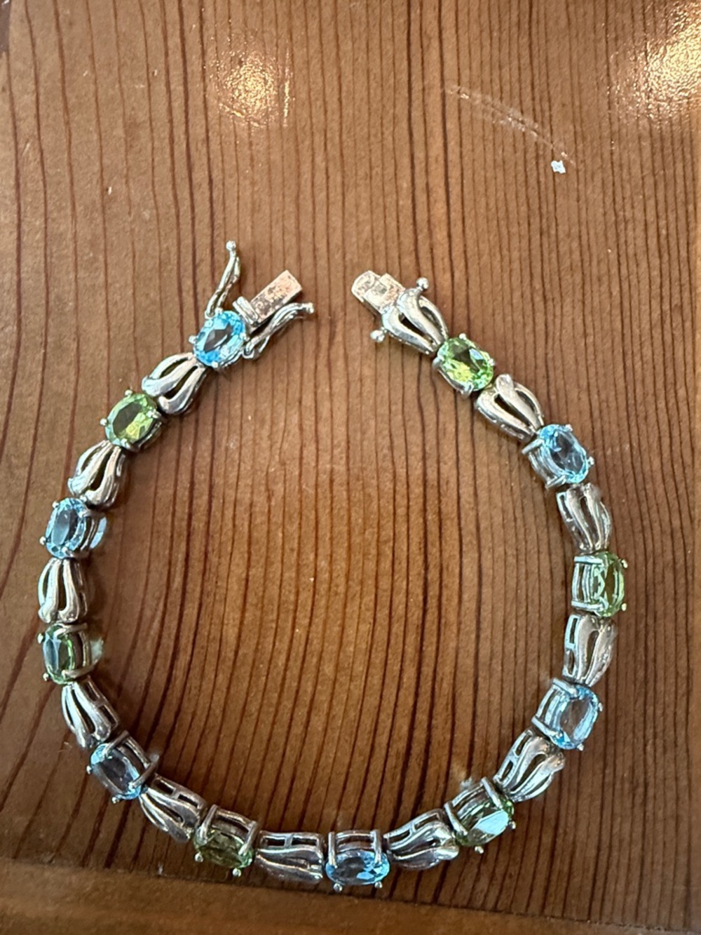Sterling Silver Blue Topaz and Green Peridot Gemstone Tennis Bracelet
